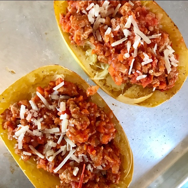 Turkey Bolognese Spaghetti Squash Boats